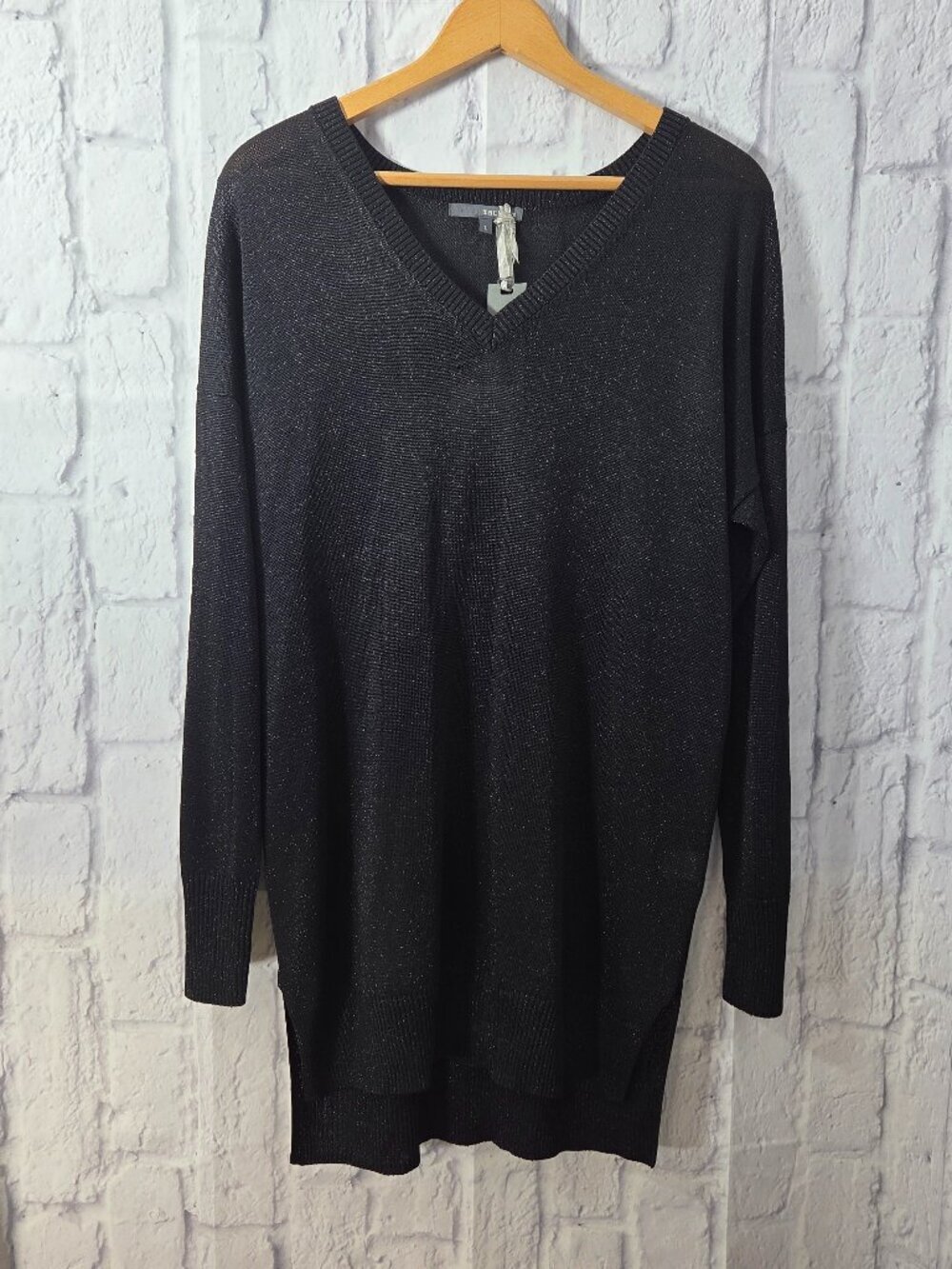 Matty M Large Black Metallic V Neck Longsleeve High Low Semi Sheer Sweater